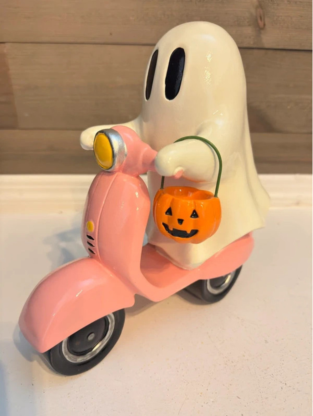 Ghost On Pink Scooter With Pumpkin Pail Figurine - 10in Halloween Decor